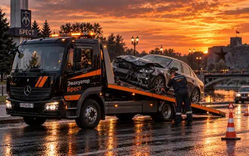Эвакуация повреждённого автомобиля после ДТП в Бресте